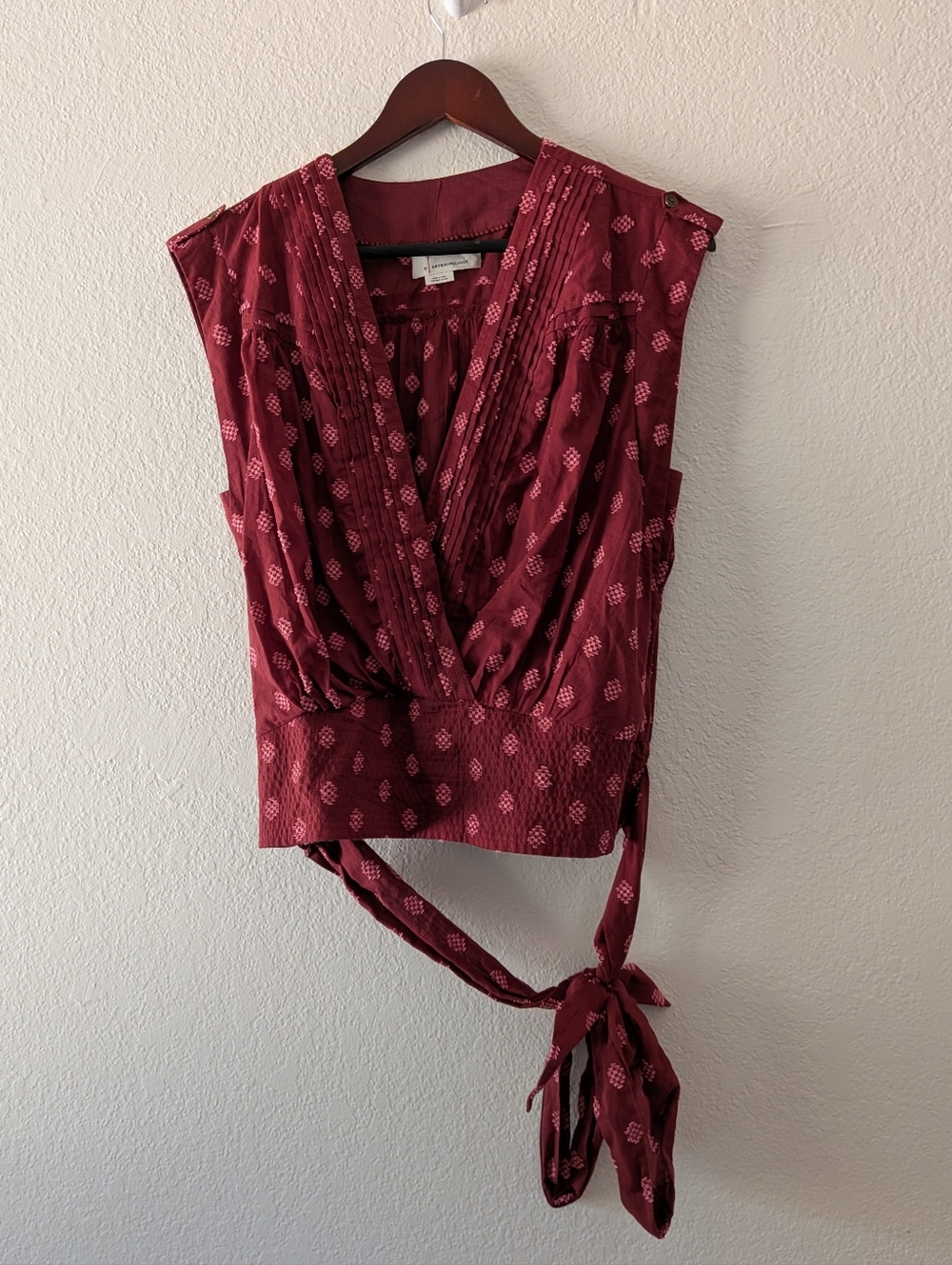 Anthropologie Tie-Waist Surplice Burgundy Cap Sleeveless Cotton Top Blouse L